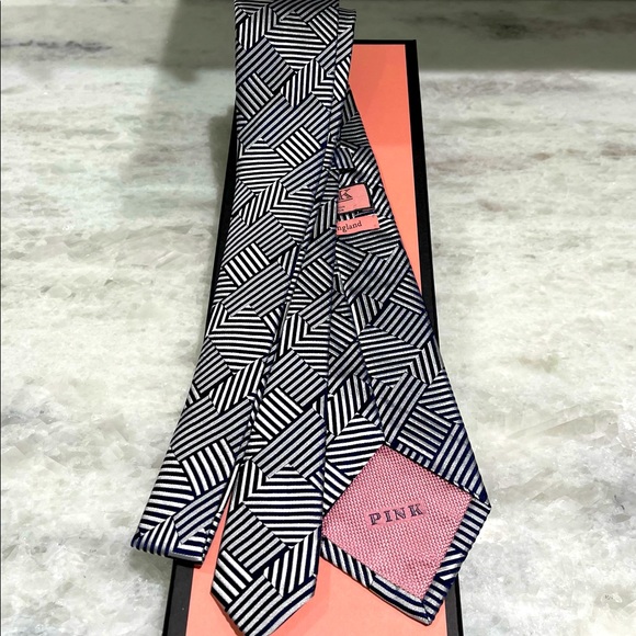 🔥ART DECO🔥✨💯AUTH LVMH THOMAS PINK STRIKING NAVY STACK GEOMETRIC MOTIF TIE - Picture 11 of 16